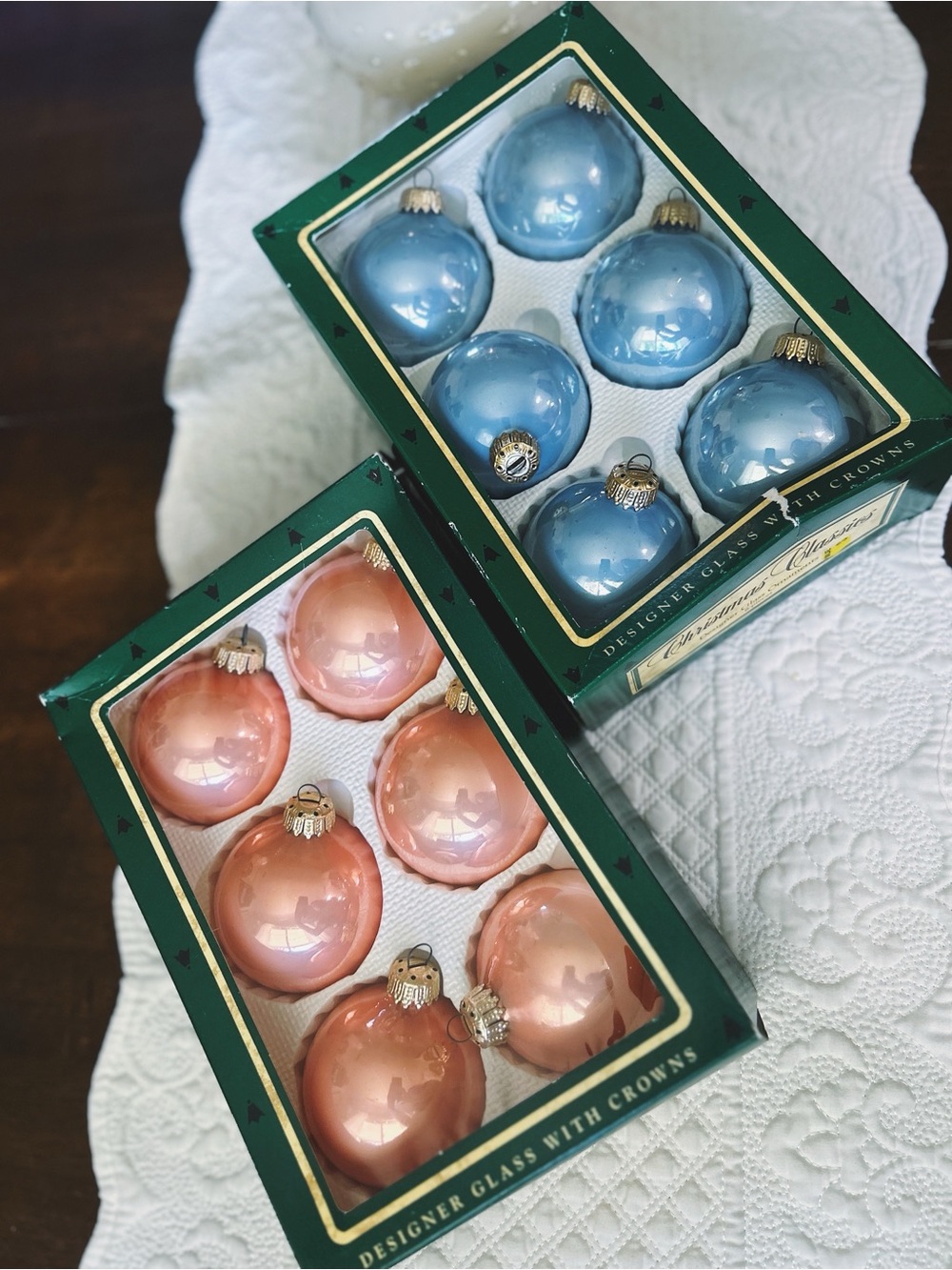 Vintage West Germany baby blue and blush pink glass Christmas ornaments